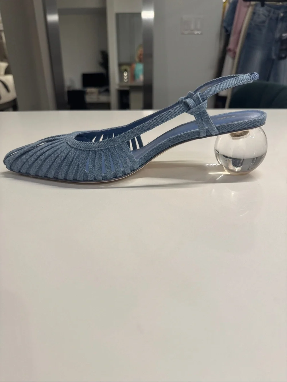 cult gaia Alia blue denim pleated slingback pointed-toe heels size 38.5 Lake